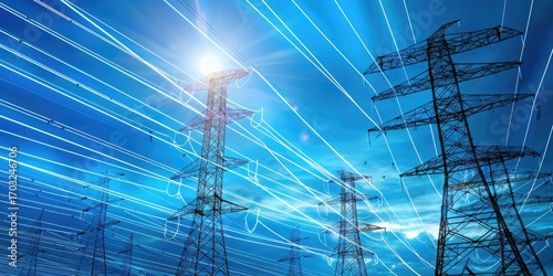 Electric power transmission towers against a vibrant blue sky, with dynamic light streaks suggesting energy flow