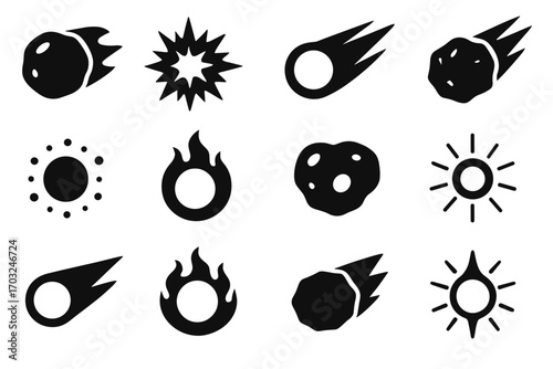 Icy origin vector fiery collection bright dense nucleus icon spherical comet heart