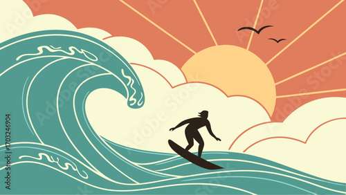 Surfer riding a wave at sunrise.
