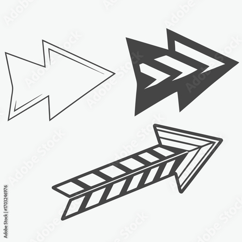Three stylized hand-drawn arrow illustrations pointing right and up, with varying designs and fill patterns.