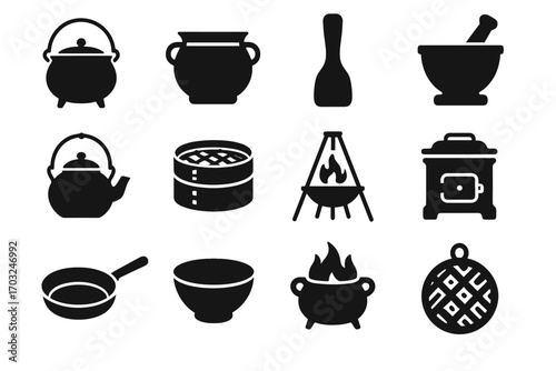 Icon earthenware iron mortar traditional pan vector fire cauldron grill icons bowl