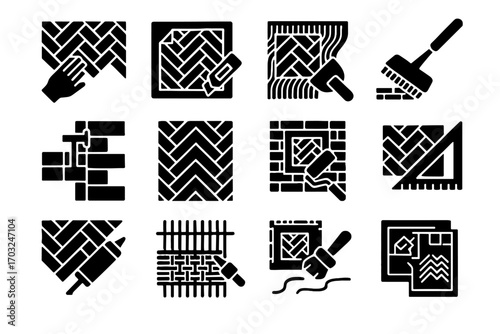 Floor diy adhesive icon cutting stencil stenciling herringbone tile process icons vector
