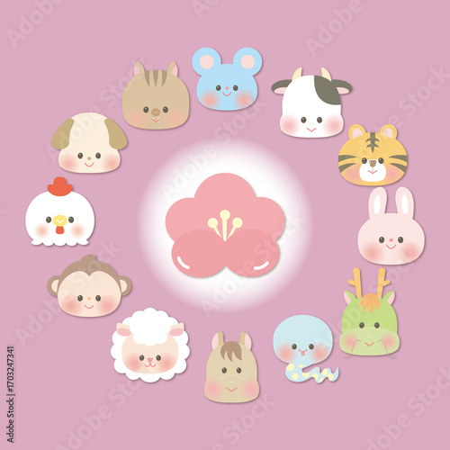 梅の花と干支の動物たち