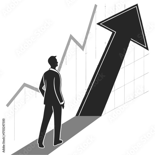 Businessman looking at an upward trending graph, symbolizing growth and success.