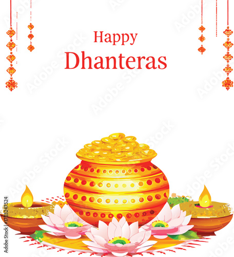 Golden pot overflowing with coins with diyas and lotus flowers