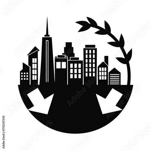 City skyline with eco recycling and renewable system vector silhouette on white background