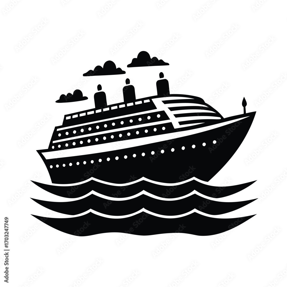 Obraz premium Cruise ship with passengers enjoying travel vacation vector silhouette on white background