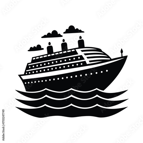 Cruise ship with passengers enjoying travel vacation vector silhouette on white background