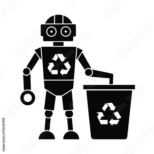 Eco robot collecting recyclables in futuristic clean city vector silhouette on white background
