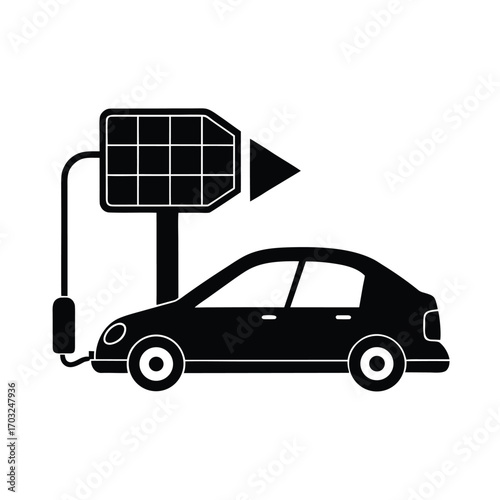 Electric car charging at renewable energy station vector silhouette on white background