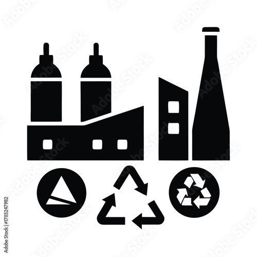 Factory turning plastic into reusable raw material vector silhouette on white background