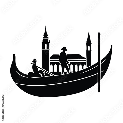 Gondola boat with couple riding through venice canal vector silhouette on white background