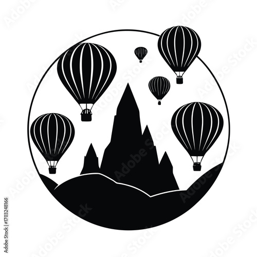 Hot air balloons flying over cappadocia rock formation vector silhouette on white background