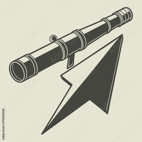 Telescope and Arrow Symbolizing Vision and Direction for Exploration and Discovery.