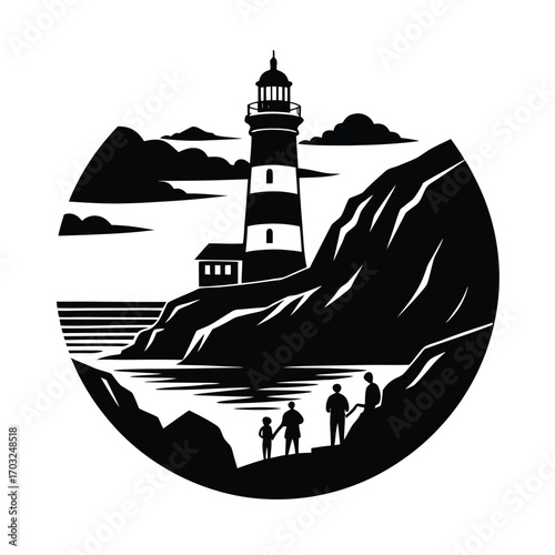 Lighthouse near rocky coast with tourists sightseeing vector silhouette on white background