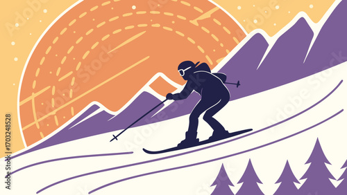 Silhouette of a Skier Descending a Snowy Mountain Slope.