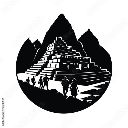 Machu picchu ancient ruins with hikers exploring mountain vector silhouette on white background