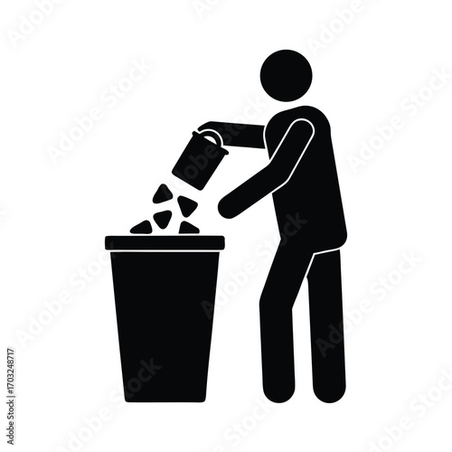 Person dropping aluminum cans into recycling bin vector silhouette on white background