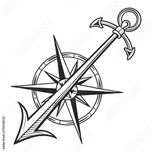 Nautical Anchor and Compass Rose Illustration.