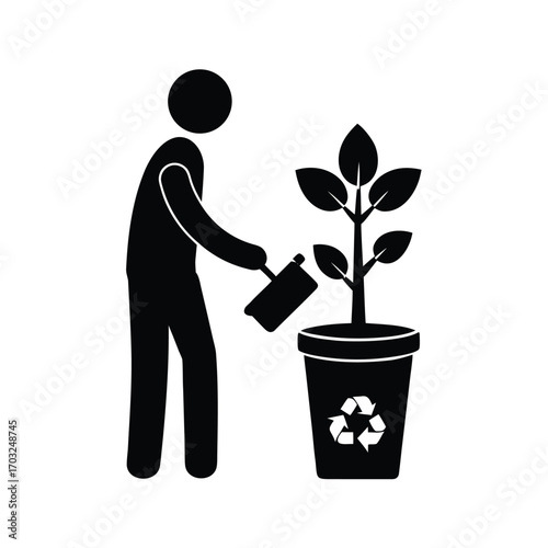 Person planting tree next to recycling container plant vector silhouette on white background