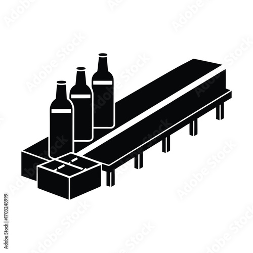 Recycling conveyor belt moving bottles and cans inside vector silhouette on white background