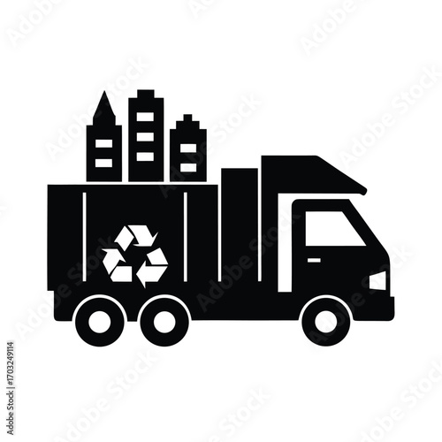 Recycling truck collecting household waste in eco city vector silhouette on white background
