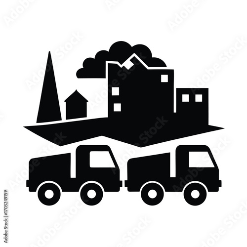 Recycling trucks moving through eco industrial area vector silhouette on white background