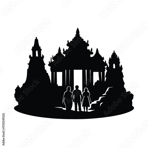 Silhouette of ancient temple ruins with travelers exploring vector silhouette on white background