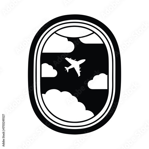 Silhouette of airplane window view with clouds and sky vector silhouette on white background