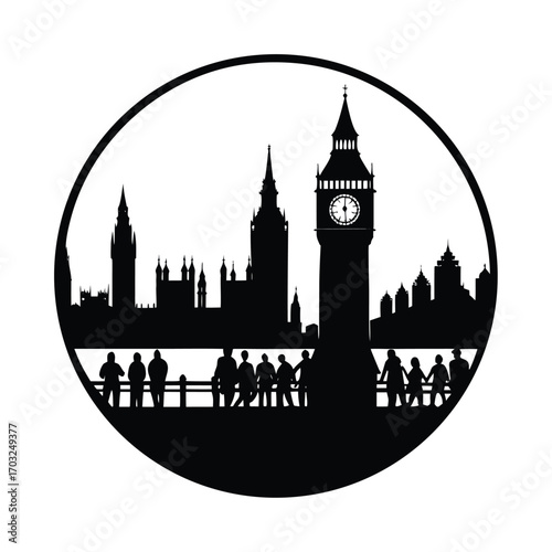 Silhouette of big ben clock tower with london city view vector silhouette on white background