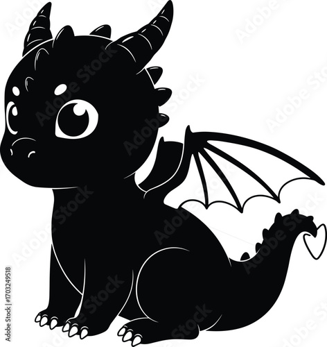 Cute baby dragon cartoon silhouette, adorable mythical creature vector illustration, fantasy animal artwork, kawaii style design, playful magical beast character