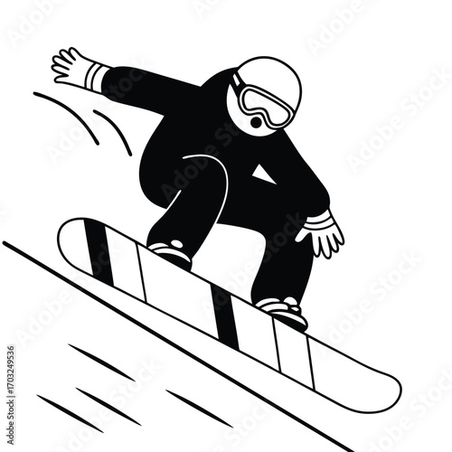 Black Silhouette Vector of Snowboarder Downhill Ride