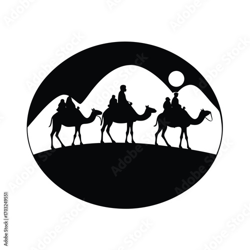 Silhouette of desert travelers on camel ride with sunset vector silhouette on white background