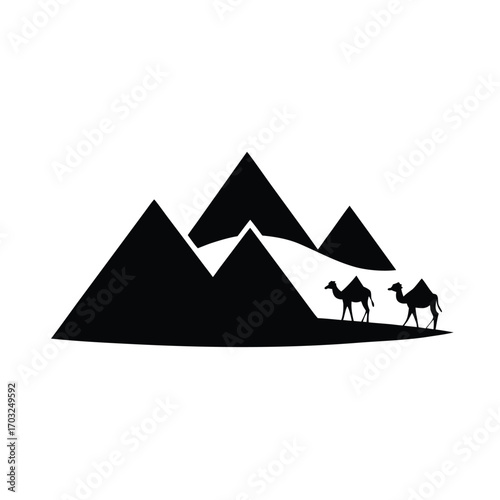 Silhouette of egyptian pyramids and camels walking vector silhouette on white background
