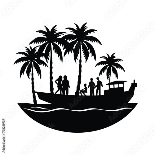Silhouette of island with palm trees and tourists relaxing vector silhouette on white background