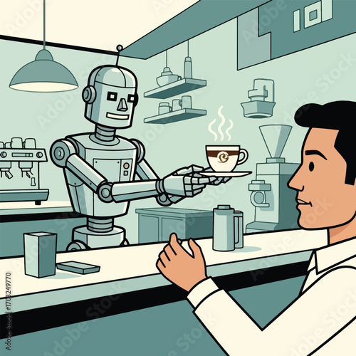 A robot barista serves a customer a coffee in a cafe.