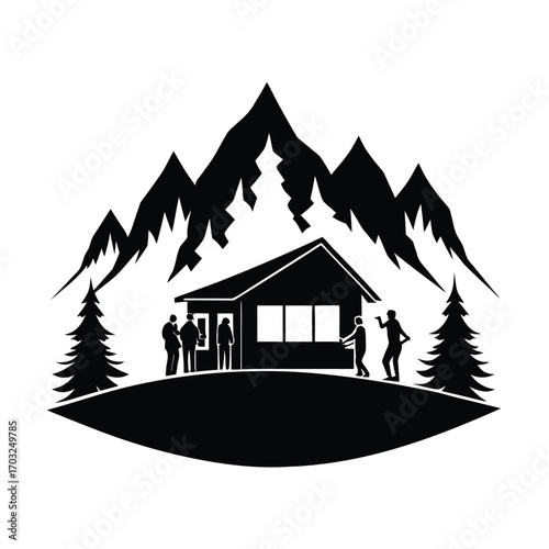 Silhouette of mountain lodge with tourists enjoying stay vector silhouette on white background