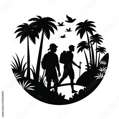 Silhouette of tourists hiking jungle trail with explorers vector silhouette on white background
