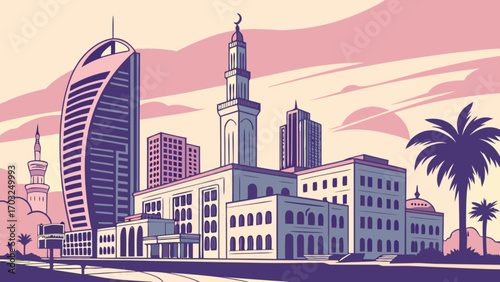 Illustration of dubai skyline with burj al arab and mosque minaret at sunset time