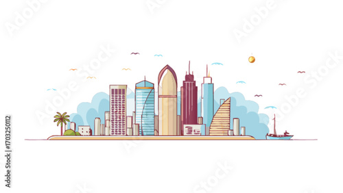 Cityscape skyline illustration with buildings, palm tree, and sailboat vector design art