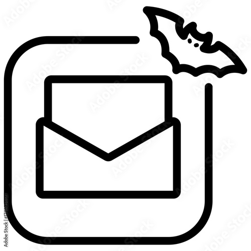Line style open mail icon with Halloween bat accent, perfect for spooky seasonal UI design