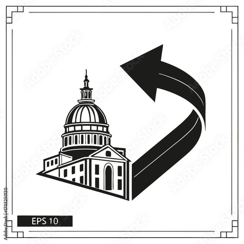 Government Building with Arrow, Illustrative Design, Modern Style, Political Concept, Forward Movement, Legislative Focus.