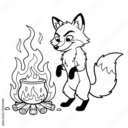 Monochrome illustration of a fox and a burning fire. It can be used as an e-commerce website, social media post, or tropical theme design.