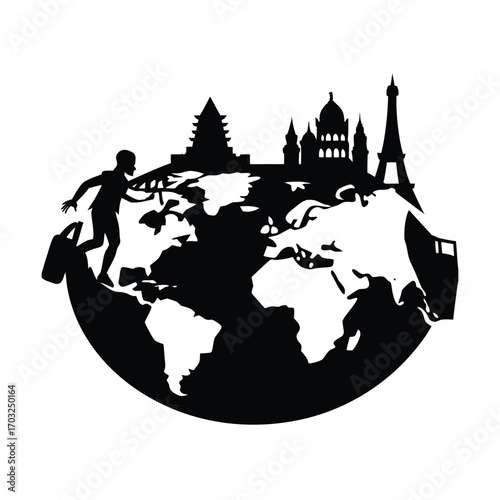 Silhouette of world map with iconic monuments and landmarks vector silhouette on white background