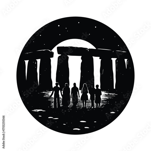Stonehenge rocks with tourists standing in circle vector silhouette on white background