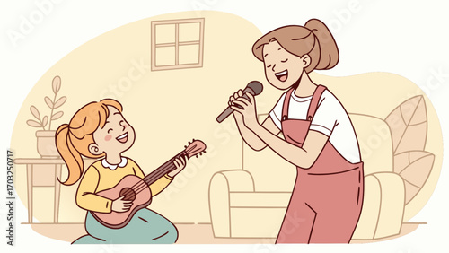 Illustration of mother and daughter singing and playing guitar at home together art
