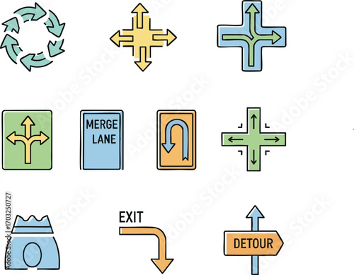 Collection of colorful road signs indicating directions and traffic regulations for drivers on the highway, creating a sense of safety and guidance.