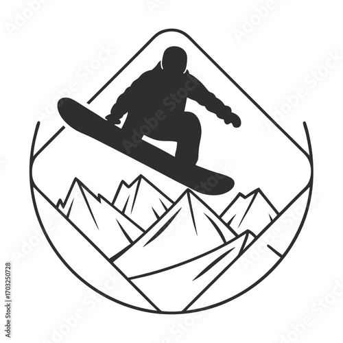 Black Silhouette Vector of Snowboarder with Mountain