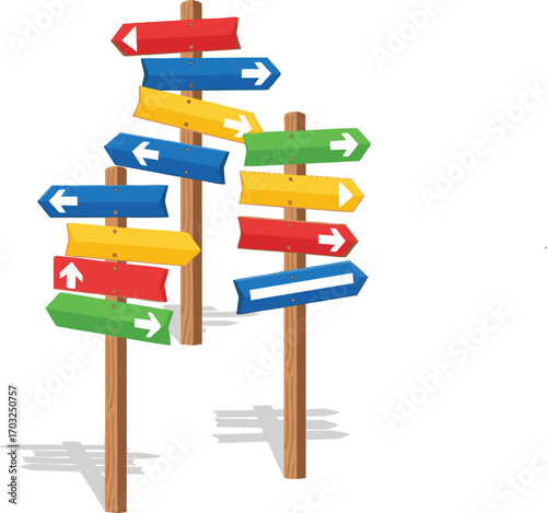 Colorful directional signs pointing in various directions on wooden poles against a white backdrop suggesting choice and guidance.