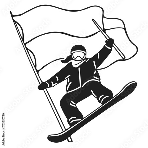Black Silhouette Vector of Snowboarder Holding Flag